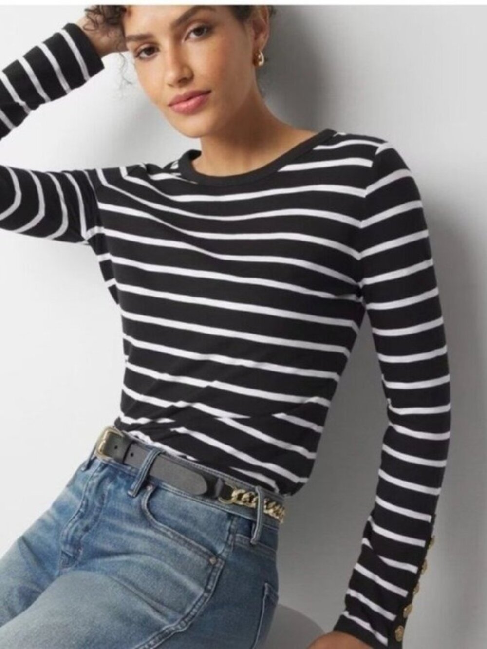 WHBM Striped Button Nautical Top Long-Sleeve White Black Classic